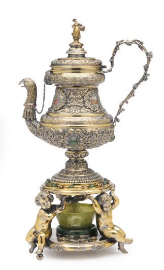 A CONTINENTAL JADE, GEMSTONE AND PORCELAIN-INLAID SILVER TEA KETTLE AND A SIMILAR SILVER-PLATED ASSOCIATED STAND,