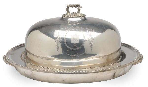 A SILVER-PLATED CARVING DISH AND COVER AND ANOTHER SIMILAR CARVING DISH,