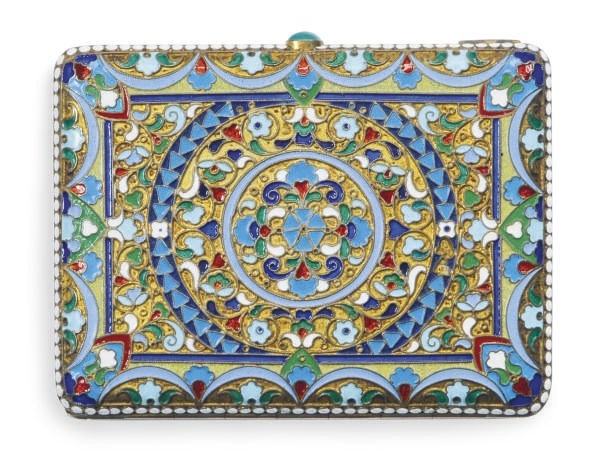 A RUSSIAN SILVER AND CLOISONNE ENAMELED CIGARETTE CASE,