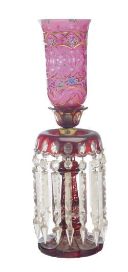 A BOHEMIAN ENAMELED CRANBERRY FLASHED GLASS LUSTRE AND TWO ENAMELED SHADES,