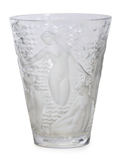 A FRENCH GLASS VASE MOLDED WITH MUSES,