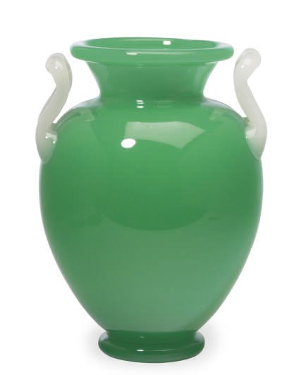 AN AMERICAN GREEN AND OPALINE GLASS TWO-HANDLED VASE,