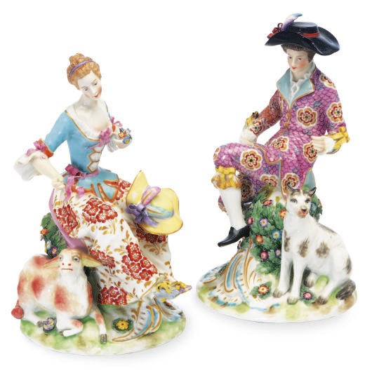 A PAIR OF CONTINENTAL PORCELAIN FIGURES OF A SHEPHERD AND SHEPHERDESS,