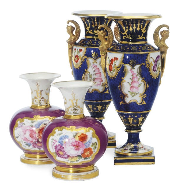 A PAIR OF ENGLISH WORCESTER-STYLE BLUE SCALE PORCELAIN VASES AND A PAIR OF ENGLISH MAGENTA-GROUND PORCELAIN GLOBULAR BOTTLE VASES,