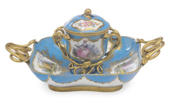 A FRENCH LATER DECORATED GILT-METAL MOUNTED PORCELAIN ENCRIER,