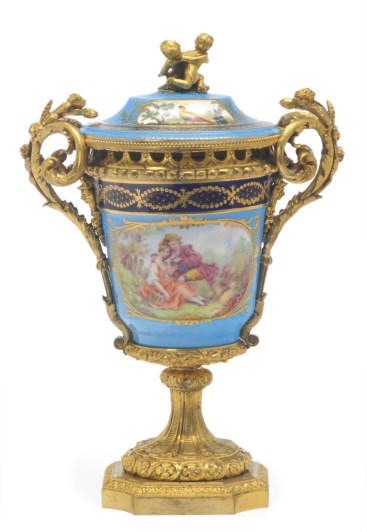 A ROCOCO REVIVAL GILT METAL-MOUNTED SEVRES STYLE POTPOURRI VASE AND A COVER,