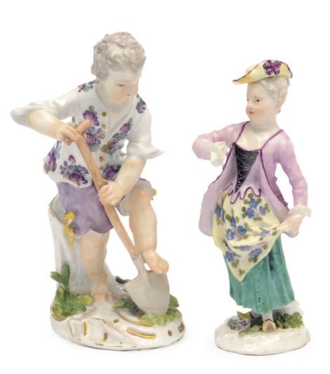 A GERMAN PORCELAIN MODEL OF A YOUNG GIRL AND A MODEL OF A GARDENER EMBLEMATIC OF SPRING,
