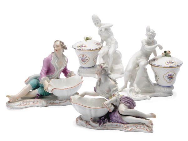 A PAIR OF GERMAN FIGURAL CUPS AND COVERS AND A PAIR OF SWEETMEAT DISHES MODELED AS A GALLANT AND COMPANION,