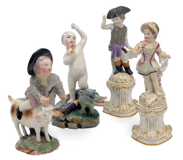 TWO GERMAN PORCELAIN FIGURES OF PUTTI IN DISGUISE ON PEDESTALS AND TWO GERMAN PORCELAIN GROUPS OF CHILDREN WITH ANIMALS,