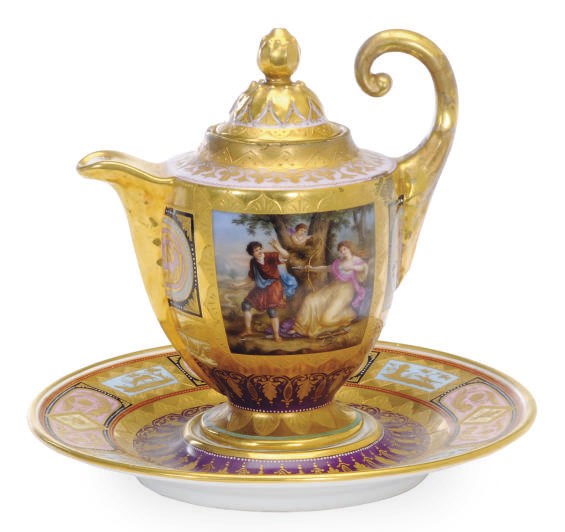 A VIENNA-STYLE PURPLE-GROUND HOT MILK JUG, COVER AND STAND,