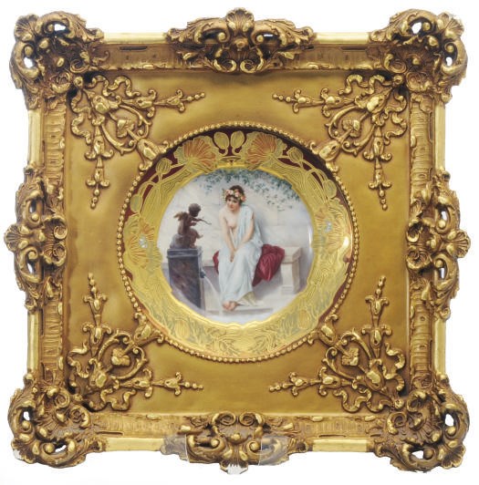 A VIENNA-STYLE PORCELAIN ART NOUVEAU IRREDESCENT COPPER-GROUND PLATE PAINTED WITH A CLASSICAL MAIDEN,