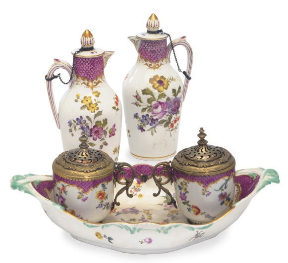 A MEISSEN STYLE PORCELAIN PUCE-SCALE CRUET SET AND A SIMILAR GILT METAL-MOUNTED INKSTAND,