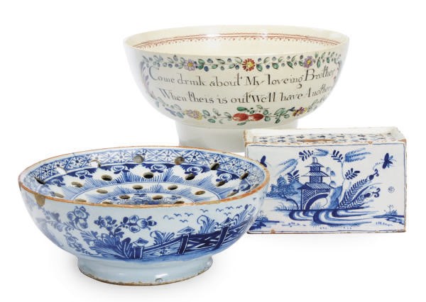 TWO ENGLISH DELFT BOUGH POTS AND A STAFFORDSHIRE PEARLWARE PUNCH BOWL,