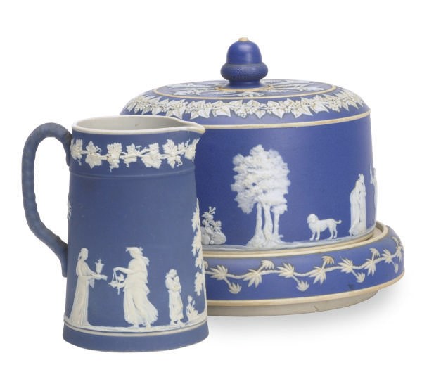 A BLUE JASPERWARE-STYLE PITCHER, CHEESE DOME AND ASSOCIATED BASE,
