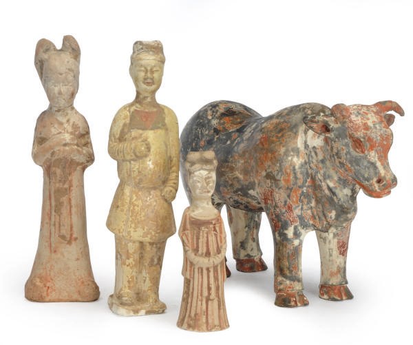 A PAINTED POTTERY COURT LADY AND A PAIR OF PAINTED POTTERY STRAW-GLAZED ATTENDANTS,