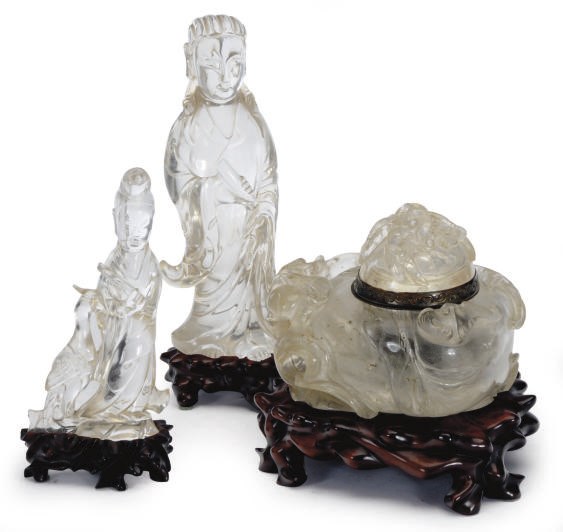 METAL-MOUNTED CHINESE CARVED ROCK CRYSTAL INKWELL AND A CARVED ROCK CRYSTAL FIGURE,