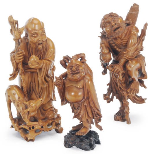 A GROUP OF THREE CHINESE BOXWOOD CARVED FIGURES OF IMMORTALS,