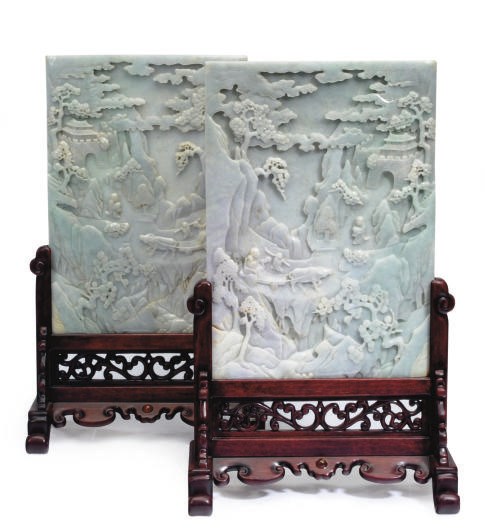 A PAIR OF CHINESE JADEITE TABLE SCREENS WITH WOOD STANDS,