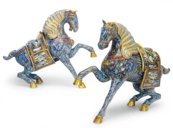 A PAIR OF CHINESE CLOISONNE ENAMEL MODELS OF PRANCING HORSES,