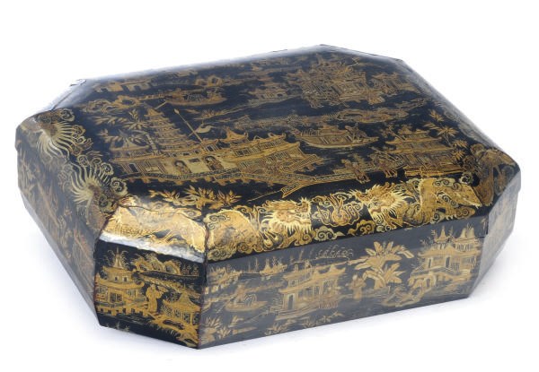 A CHINESE BLACK AND GILT-LACQUERED BOX AND COVER,