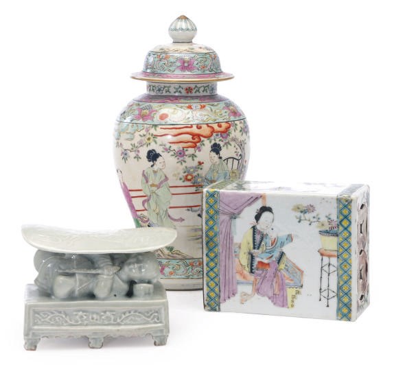 TWO CHINESE PORCELAIN PILLOWS AND FAMILLE ROSE BALUSTER JAR AND COVER,