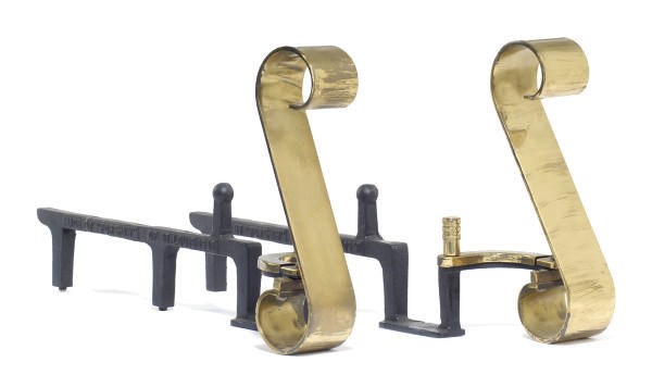 A PAIR OF BRASS SCROLL-FORM ANDIRONS,