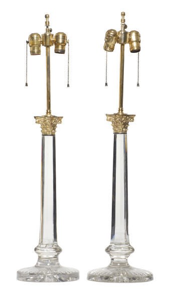 A PAIR OF GILT-METAL MOUNTED CUT-GLASS COLUMNAR FORM TABLE LAMPS,