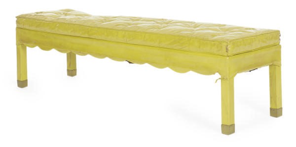 A YELLOW-LEATHER UPHOLSTERED LONG BENCH,