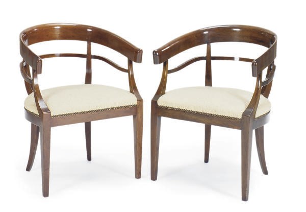 A SET OF FOUR MAHOGANY AND UPHOLSTERED ARMCHAIRS,