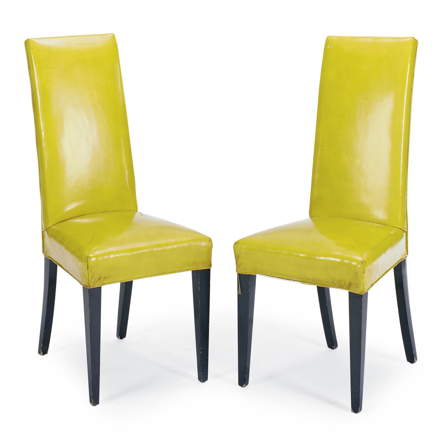 A PAIR OF EBONIZED AND YELLOW-VINYL UPHOLSTERED SIDE CHAIRS,