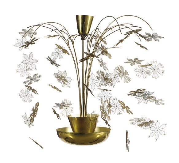 A PIERCED BRASS AND WIRE CHANDELIER,