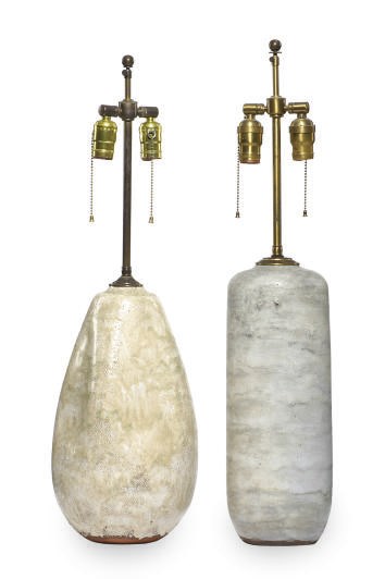 TWO CREAM-GLAZED EARTHENWARE NATURALISTIC-FORM TABLE LAMPS,