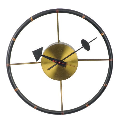 A CHROME STEEL, LACQUERED WOOD AND ENAMELED METAL 'STEERING WHEEL' CLOCK,