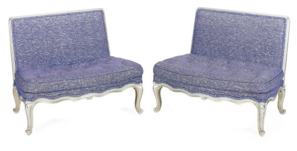 A PAIR OF SILVERED-WOOD AND CERULEAN BLUE UPHOLSTERED MARQUISES,