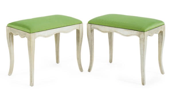 A PAIR OF SILVERED WOOD AND GREEN UPHOLSTERED STOOLS,