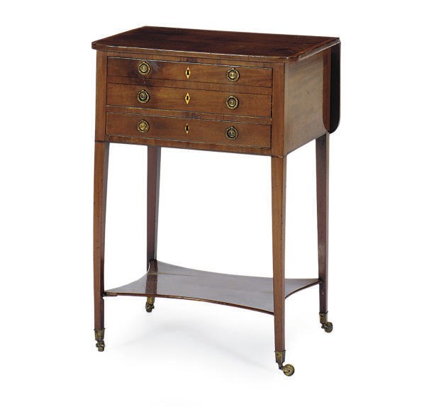 A GEORGE III MAHOGANY AND SATINWOOD-BANDED WRITING TABLE,