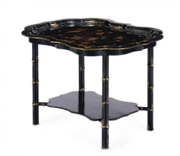 A VICTORIAN BLACK AND GILT-PAPIER MACHE TRAY-ON-STAND,