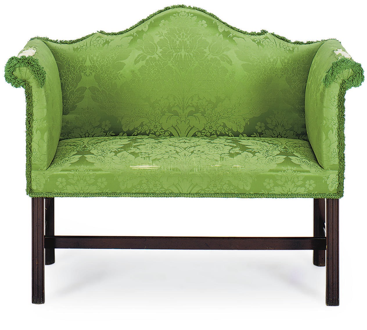 AN ENGLISH MAHOGANY AND UPHOLSTERD WINDOW SEAT,