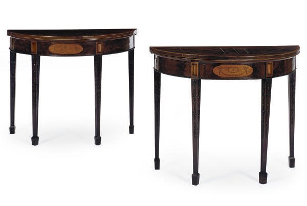 A PAIR OF GEORGE III MAHOGANY, KINGWOOD-BANDED, SATINWOOD AND MARQUETRY CARD TABLES,