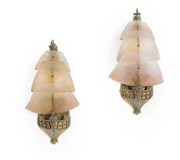 A SET OF FOUR GILT-BRONZE, COLORED AND ETCHED GLASS SHIP-FORM SCONCES,