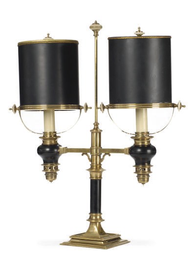 A BRASS AND EBONIZED STUDENT LAMP,