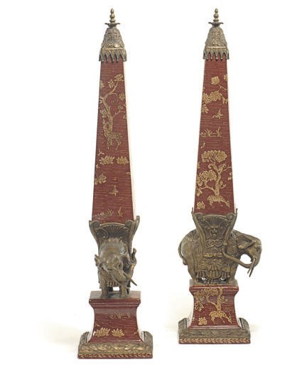 A PAIR OF CONTINENTAL GILT-BRONZE MOUNTED PORCELAIN FIGURAL OBELISKS,