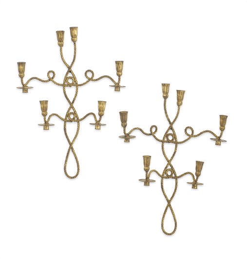 A PAIR OF GILT-METAL FOUR-BRANCH WALL LIGHTS,