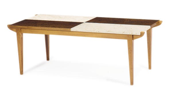 A MAHOGANY, BURLWOOD AND MARBLE COFFEE TABLE,