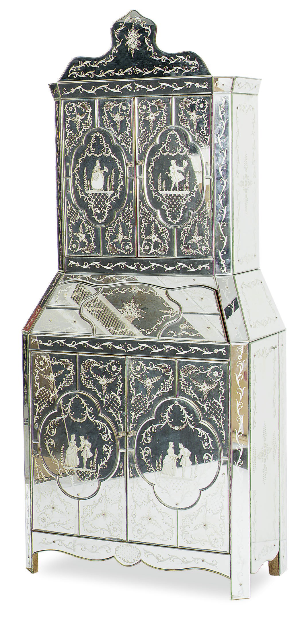 AN ETCHED GLASS-MIRRORED BUREAU CABINET,