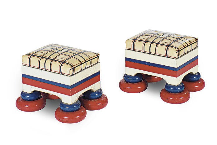 A PAIR OF RED, WHITE AND BLUE PAINTED AND UPHOLSTERED STOOLS,