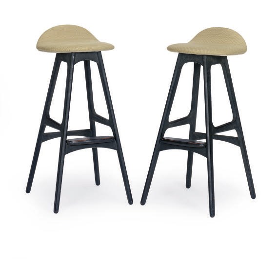 A PAIR OF EBONIZED BAR STOOLS,