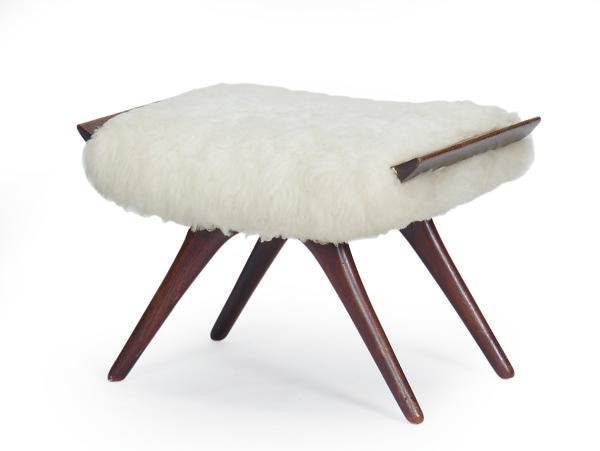 A MAHOGANY AND WOOL STOOL,