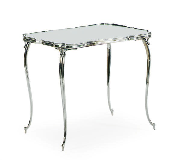 A SILVERED METAL AND MIRRORED GLASS LOW TABLE,