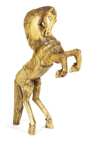 A CARVED WOOD 'REARING HORSE' SCULPTURE,